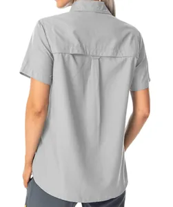 Detail of women's gray quick-dry outdoor shirt showing back ventilation and ripstop fabric.