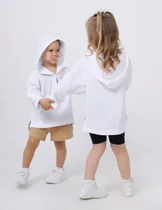 Detailed view of the thin white cotton-linen hooded sun protection shirt for children models