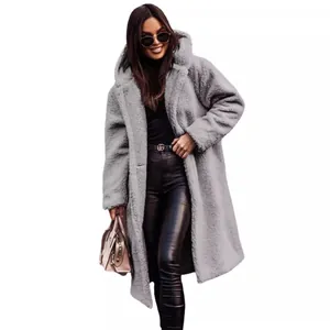 Women's stylish long grey teddy fleece hooded coat for autumn and winter outdoor wear