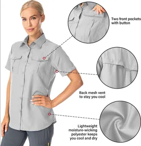 Details of women's quick-dry outdoor hiking shirt featuring pockets and mesh vents