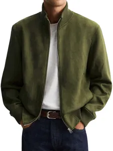Detail of men's olive green stand collar jacket with ribbed cuffs and full zipper.