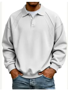 Men's casual loose polo sweatshirt with rib stitching and button lapel in light gray