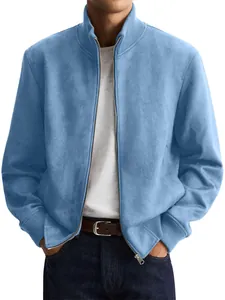Close-up of light blue men's business jacket with stand collar and zipper detail