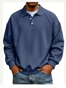 Men's casual loose fall sweatshirt featuring lapel collar and ribbed button details