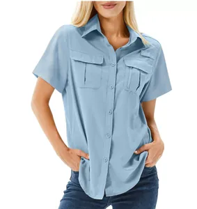 Close-up detail of light blue quick-dry short sleeve outdoor shirt featuring multiple pockets