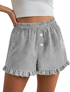 Detail view of striped home shorts featuring ruffle hem and decorative buttons