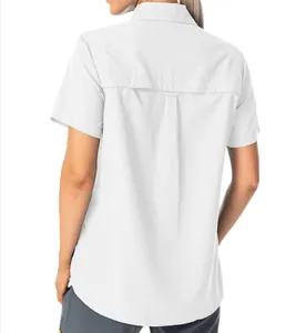 Detailed back view of white women's quick-dry outdoor shirt with ventilation flap