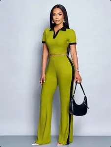 Women's chic two-piece summer set featuring olive green ribbed knit with black contrast