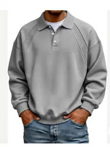 Men's casual grey lapel sweatshirt featuring button details and ribbed shoulder splicing