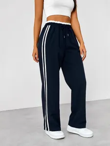 Women's high waist side stripe wide leg sweatpants in navy blue for casual sport style