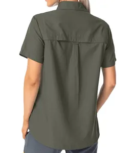 Back view of women's olive green quick-dry outdoor shirt featuring a functional rear vent