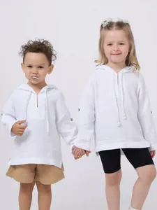 Kids lightweight white cotton linen hooded long sleeve shirt for summer sun protection.