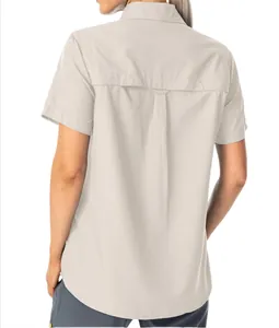 Back view of women's quick-dry outdoor short-sleeve shirt in light beige finish.
