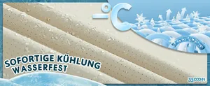 Makroaufnahme des atmungsaktiven, wasserfesten Gewebes mit kühlenden Eiskristall-Symbolen