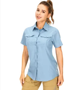 Women's quick-dry short-sleeve breathable outdoor hiking shirt in light blue with pockets
