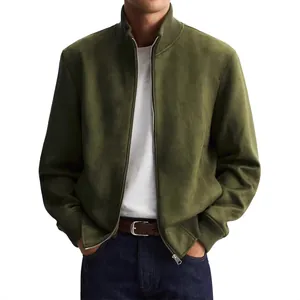 Premium olive green suede-texture bomber jacket for men with ribbed collar and cuffs