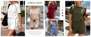 Collage di completi casual da donna a due pezzi in vari colori estivi vivaci.