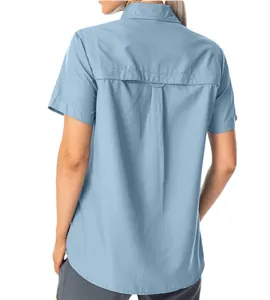 Back view of women's quick-dry short-sleeve outdoor shirt featuring a ventilation flap