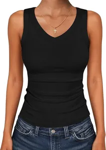 Detail view of women's black V-neck ribbed tank top showing slim fit and texture