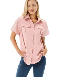 Women's pink quick-dry elastic short sleeve outdoor shirt with multiple utility pockets