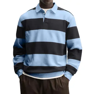 Herren Casual Langarm Gestreift Farbblock Revers Knopf Polo T-Shirt Baumwollmischung Locker Sweatshirt Rugby Top