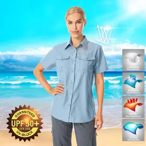 Women's UPF 50+ short sleeve quick-dry outdoor shirt with pockets for summer hiking