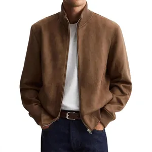 Professional mens brown suede-like casual business jacket with stand collar for spring