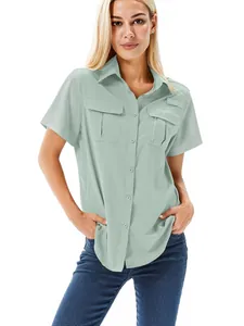 Breathable quick-dry short-sleeved outdoor shirt with multiple pockets for women