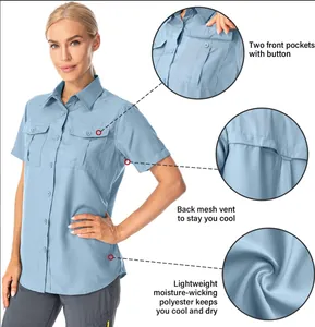 Close-up of women's quick-dry outdoor shirt features: pockets, mesh vent, and fabric texture.