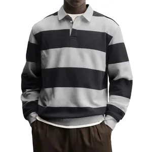 Lässiges gestreiftes Herren-Polo-Sweatshirt mit langen Ärmeln in Grau und Schwarz