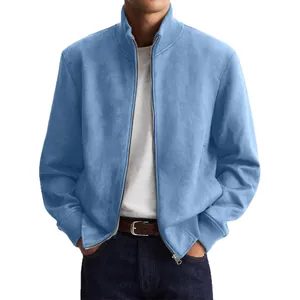 Casual light blue men's business jacket with stand collar and front zipper closure