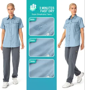 Detailed view of quick-dry fabric on women's short-sleeved breathable outdoor shirt