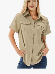 Women's quick-dry khaki short-sleeve outdoor shirt with breathable multi-pocket design
