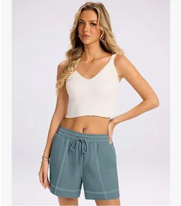 Pantaloncini estivi casual blu da donna con vita elastica a coulisse e cuciture a contrasto