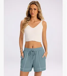 Pantaloncini estivi blu casual da donna con cuciture a contrasto bianche e coulisse