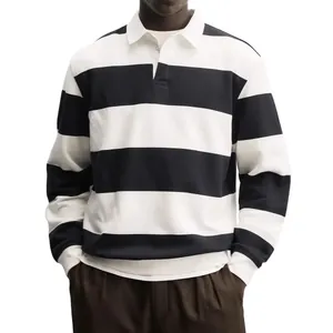 Herren Langarm-Rugbyshirt mit schwarz-weißen Streifen und weißem Polokragen, lockere Passform.