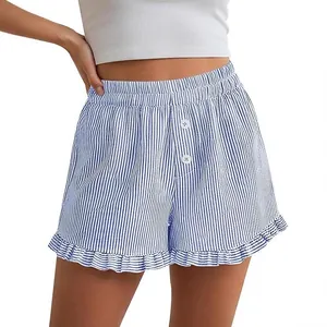 Women Y2K Ruffle Hem Striped Lounge Shorts Summer Casual Beach Pajama Shorts With Pockets Polyester Spandex Elastic Waist Bottom