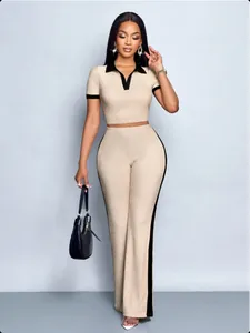 Women Summer Fashion Two-Piece Set Slim Short Sleeve Contrast Lapel T-Shirt And Long Pants Set Casual Outfits