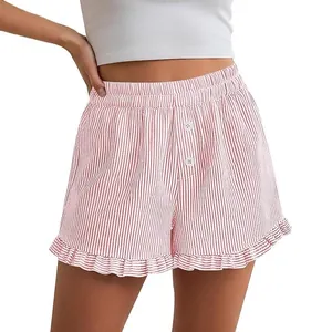 Women's Y2K striped lounge shorts with sweet ruffle hem and elastic waist for summer comfort.