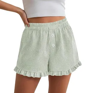 Casual women's green and white striped Y2K home shorts with ruffle hem and button detail