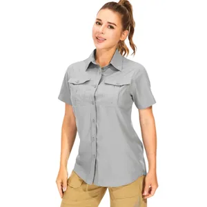 Women's quick-dry short-sleeved shirt with multi-pockets for outdoor UV protection