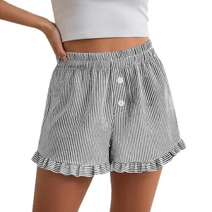 Casual women's striped lounge shorts with cute ruffled hem and white buttons detail