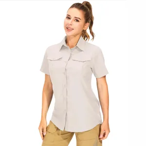 Women's quick-dry short sleeve outdoor shirt with multiple pockets and UV protection