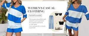 Blue and white striped women's casual two-piece outfit with styling suggestions