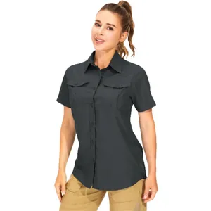 Women's quick-dry short-sleeve outdoor shirt with multi-pockets in charcoal grey color