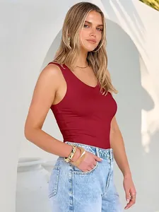 Close-up of a women's burgundy V-neck rib-knit tank top showing slim fit texture.