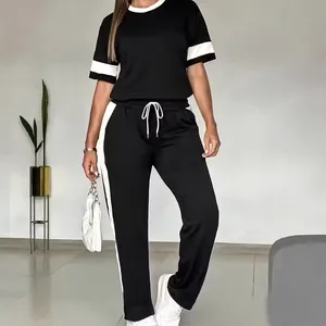 Completo Casual da Donna in Poliestere Top E Bottom Con Strisce Laterali a Contrasto Maglietta a Maniche Corte E Pantaloni Lunghi