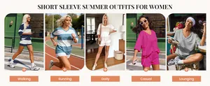 Lifestyle montage of women's short sleeve striped lounge set in various daily activities