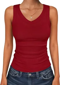 Detailed view of women's red V-neck ribbed slim fit sleeveless knitted tank top