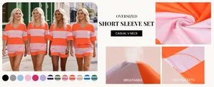 Detail view of women's striped oversized short sleeve set with breathable fabric and pockets